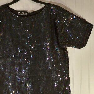 Jewel Queen Black Iridescent Sequin Button Up Shirt, M